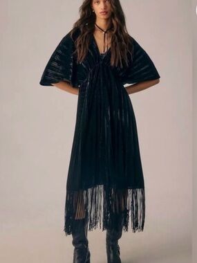 Anthropologie Dress Cape Jacket Emerald Green Velvet Fringe Maxi Dress